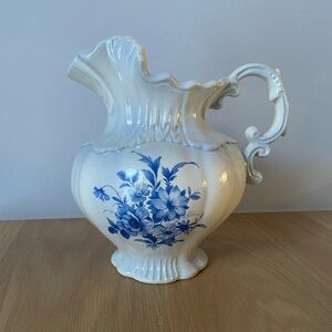 VTG 1970s Elegant White & Blue Lustre Ceramic Pitcher Vase with Floral Design